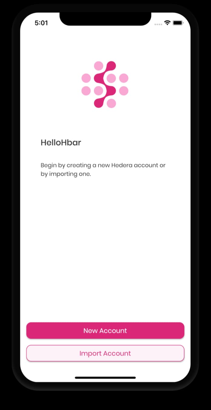 Home Screen of HelloHbar, Hedera Hashgraph Hbar wallet